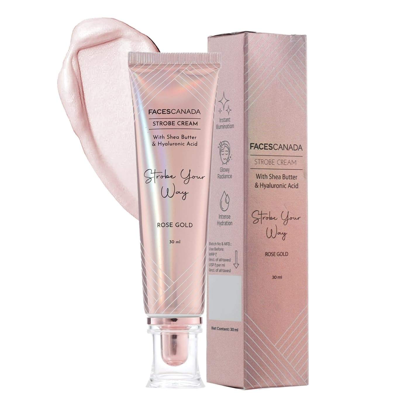 Faces Canada Strobe Cream - Rose Gold, 30ml | Primer + Highlighter + Moisturizer | Shea Butter & Hyaluronic Acid | Intense Hydration | Flawless Radiant Dewy Skin | Illuminating & Glowing Makeup Base