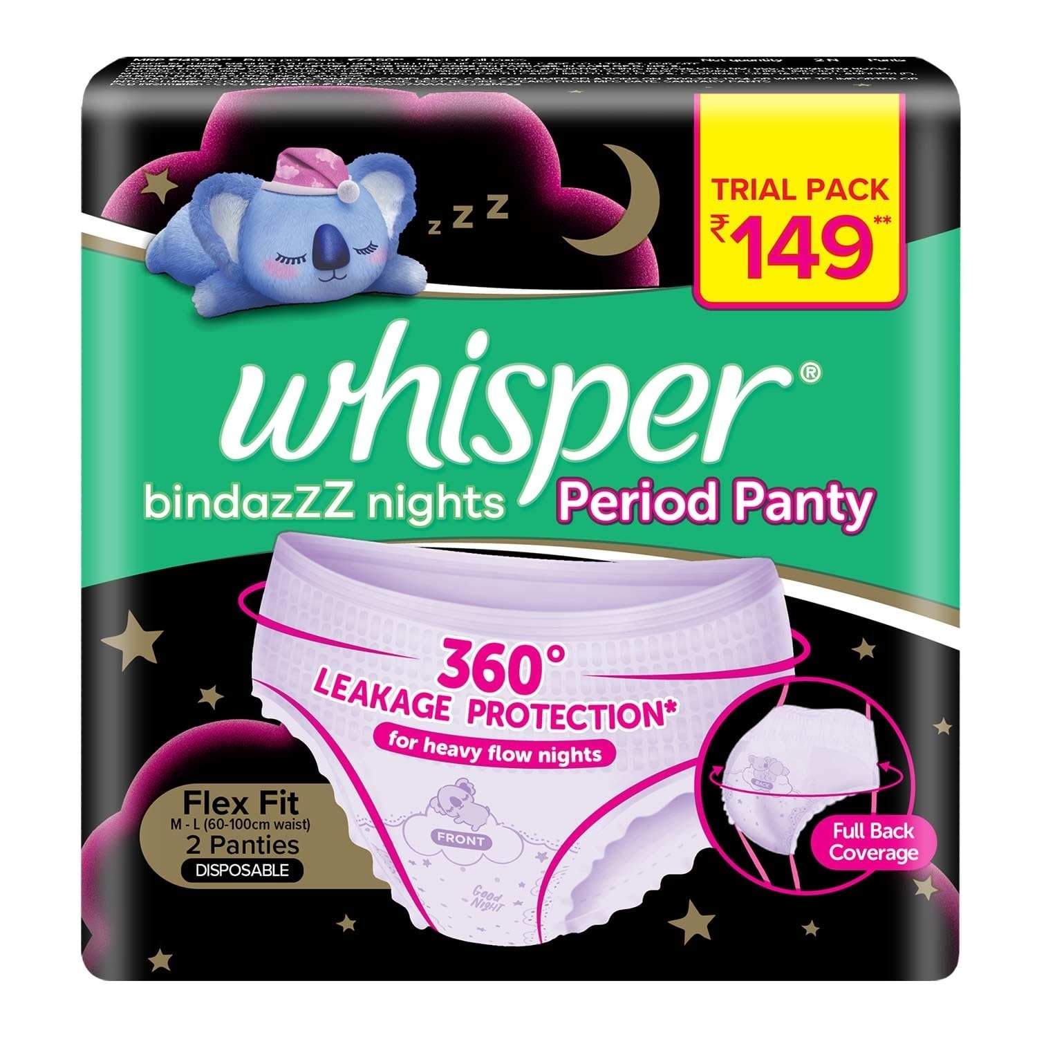 Whisper Bindazzz Nights Period Panty, 2 M-L Pads, 360 Degree Leakage Protection For Heavy Flow, Upto 0% Leaks, Full Back Coverage, Panty Like Flex Fit, Soft & Comfortable