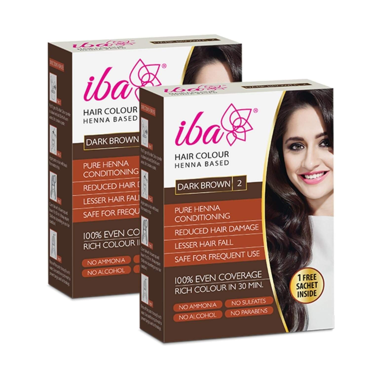 Iba Hair Colour For Women - Dark Brown, 70g (pack Of 2) | 100% Pure Henna Based Powder Sachet | Natural Hair Colour & Long Lasting With Conditioning Formula| Reduced Hair Fall & Hair Damage | Shine & Nourish Hair | Free From Ammonia And Other Harmful Chemicals | Herbal Hair Powder For Hair Colour | Dark Brown Henna