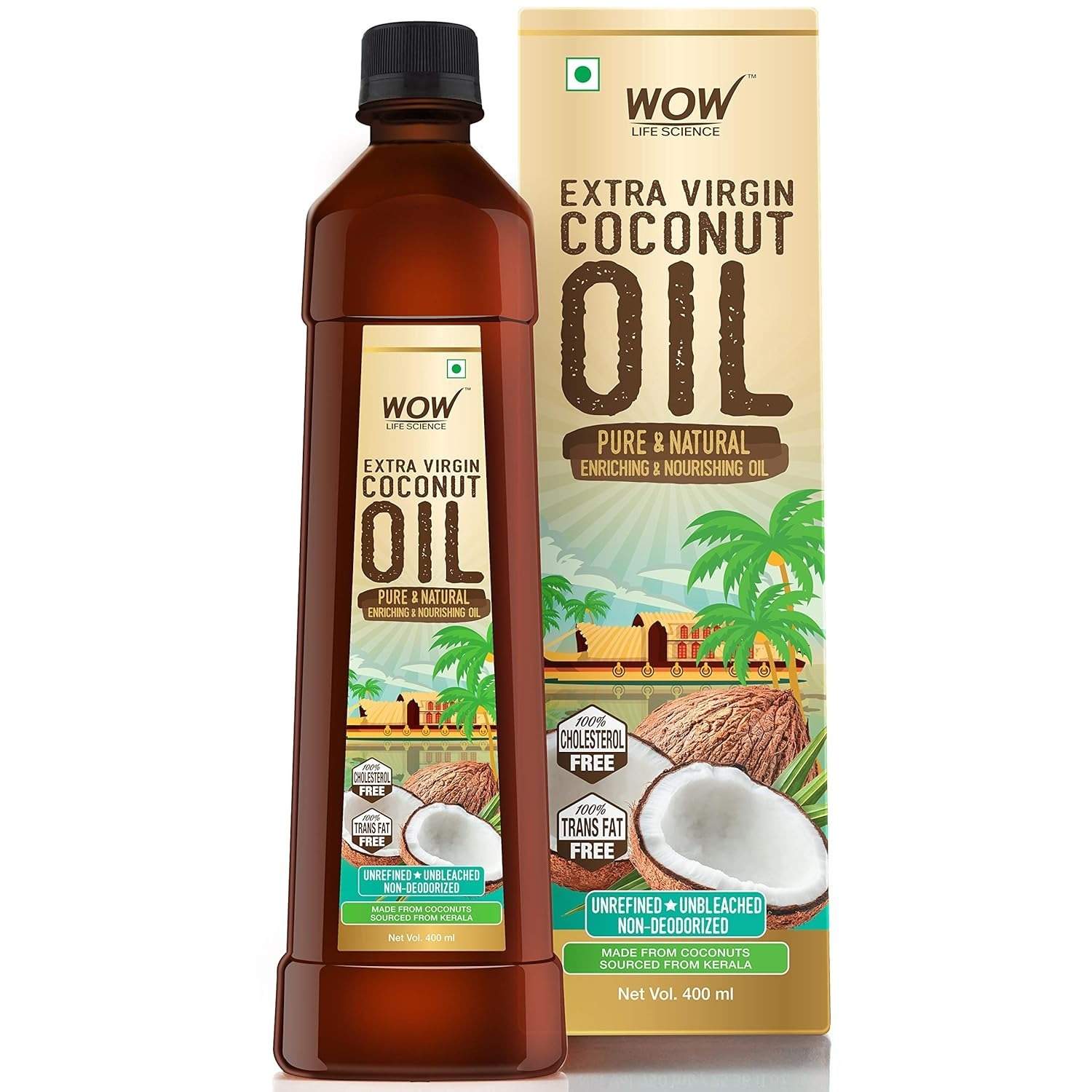 Wow Life Science Extra Virgin Coconut Oil ( Cold Pressed ) - Pure & Natural Enriching & Nourishing Oil Bottle, 400 Ml