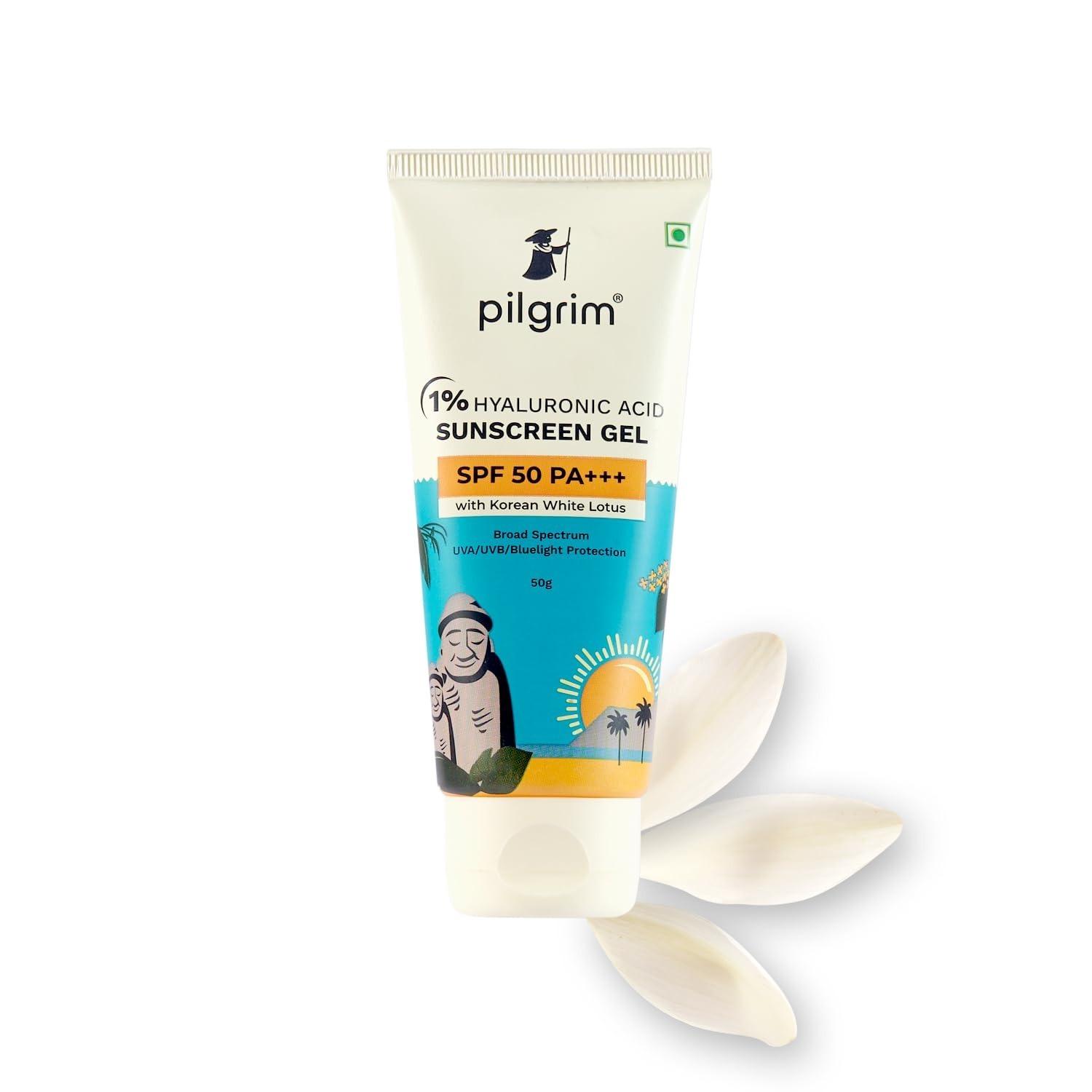 Pilgrim 1% Hyaluronic Acid Sunscreen Gel | Sunscreen Spf 50 +++ For Men And Women With Korean White Lotus | Broad Spectrum, Non-Greasy, No White Cast & Prevents Tanning | All Skin Types |