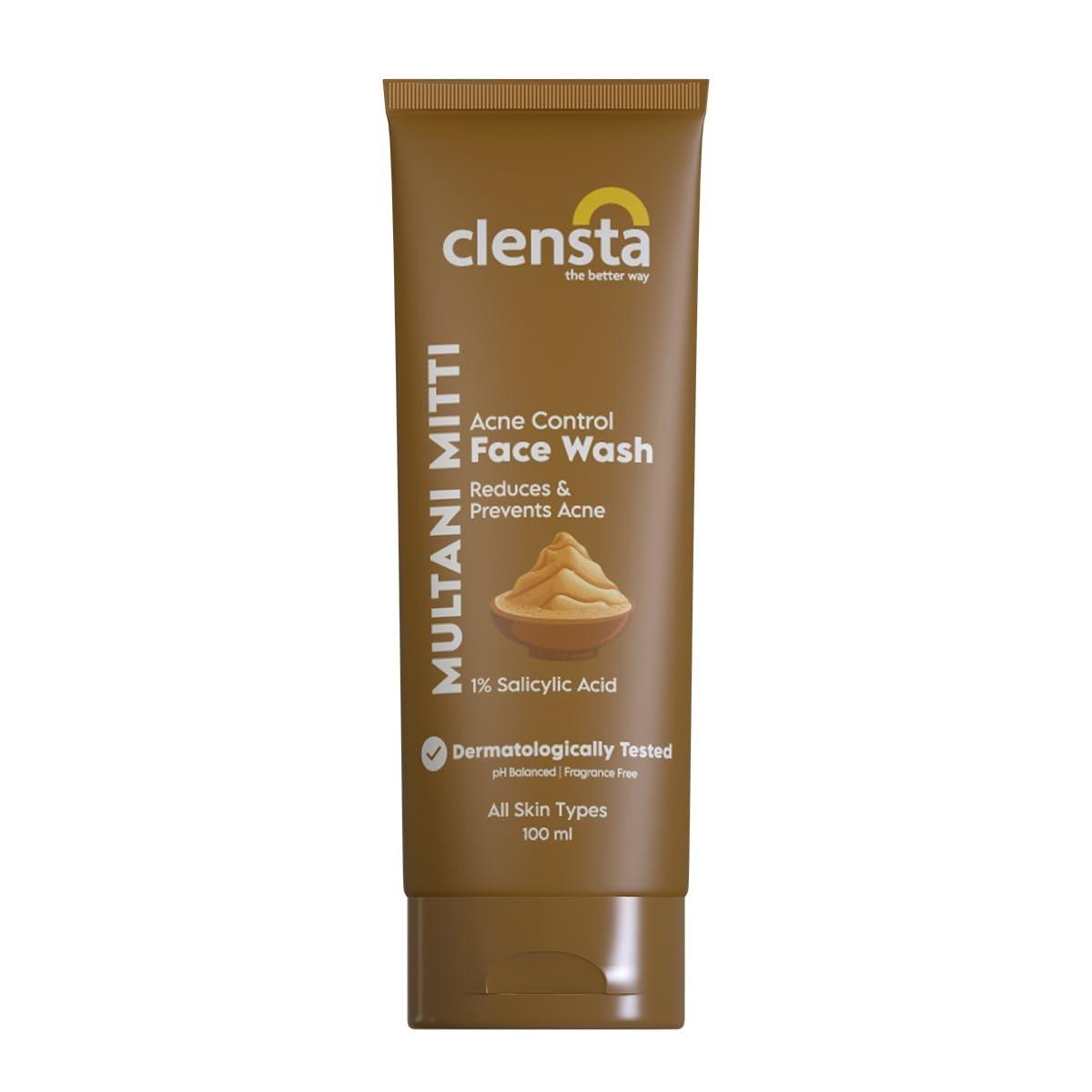 Clensta Multani Mitti Acne Control Face Wash With 1% Salicylic Acid, Reduce & Prevent Acne For All Skin Types, Dermatologically Tested, Ph Balanced, Fragrance Free, 100ml