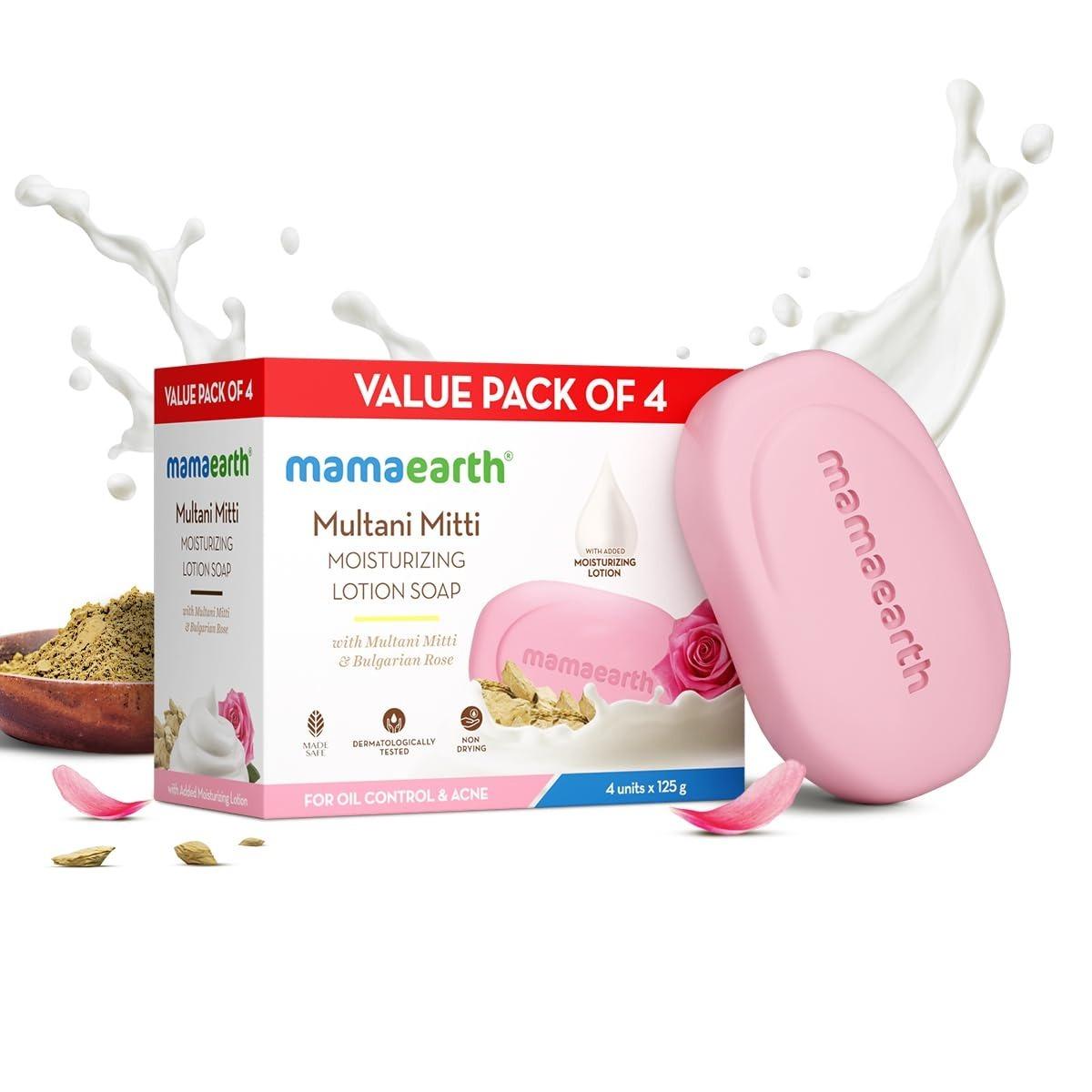 Mamaearth Multani Mitti Moisturizing Lotion Soap With Multani Mitti & Rose For Oil Control & Acne 125g (pack Of 4) | Benefits Of Lotion In A Soap | Deeply Cleanses & Moisturizes