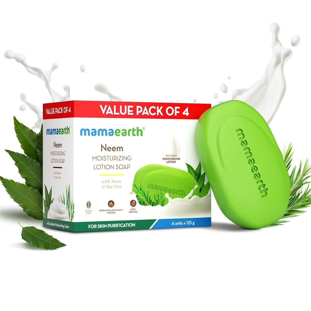 Mamaearth Neem Moisturizing Lotion Soap With Neem & Tea Tree For Skin Purification (value Pack Of 4)-125 Gx4 Units For Skin Protection|soothes Inflammation|deeply Cleanses