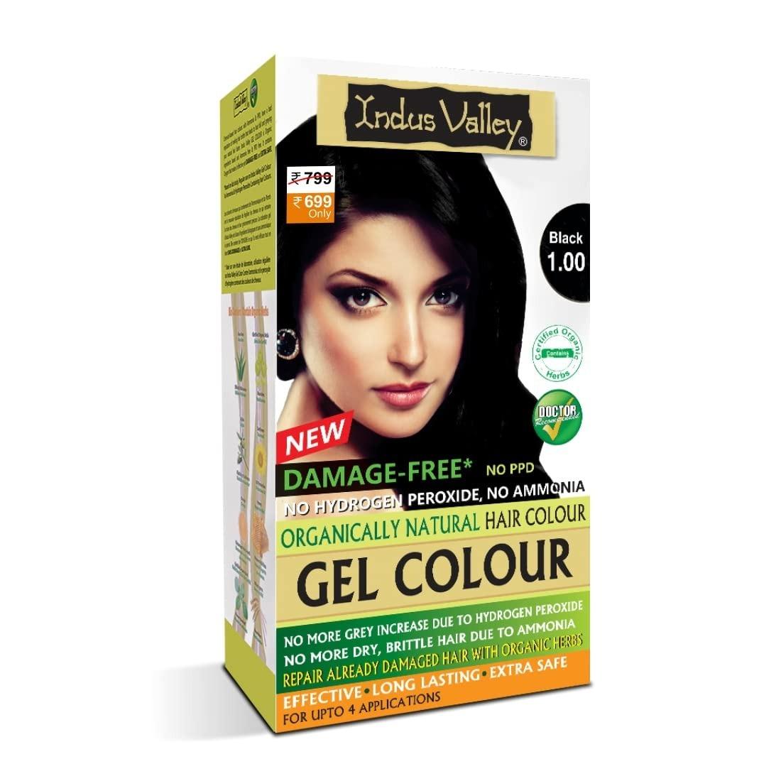 Indus Valley Damage Free Natural Gel Hair Colour For Women | Ammonia & Ppd Free Organic Hair Colour With 100% Grey Coverage, Long Lasting Conditioning Hair Color | Black 1.00-220 Ml