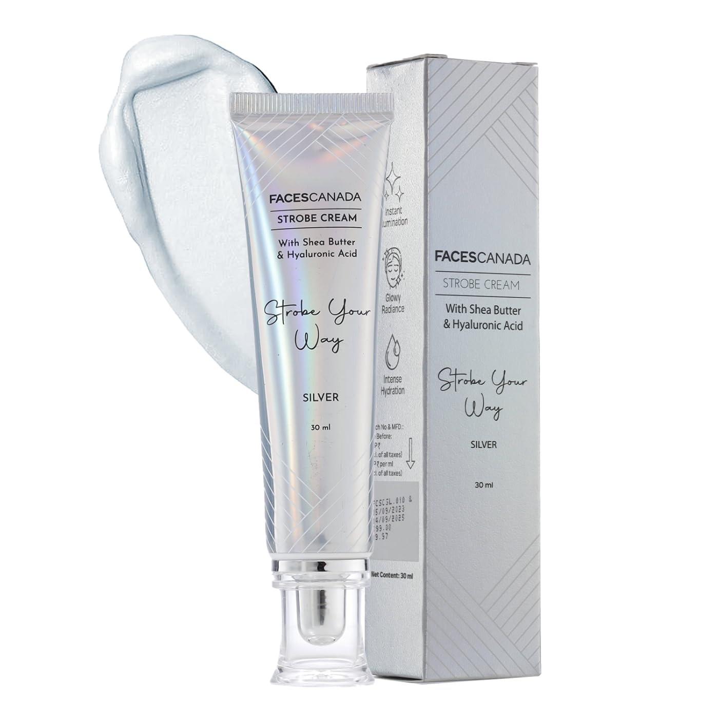 Faces Canada Strobe Cream - Silver, 30ml | Primer + Highlighter + Moisturizer | Shea Butter & Hyaluronic Acid | Intense Hydration | Flawless Radiant Dewy Skin | Illuminating & Glowing Makeup Base