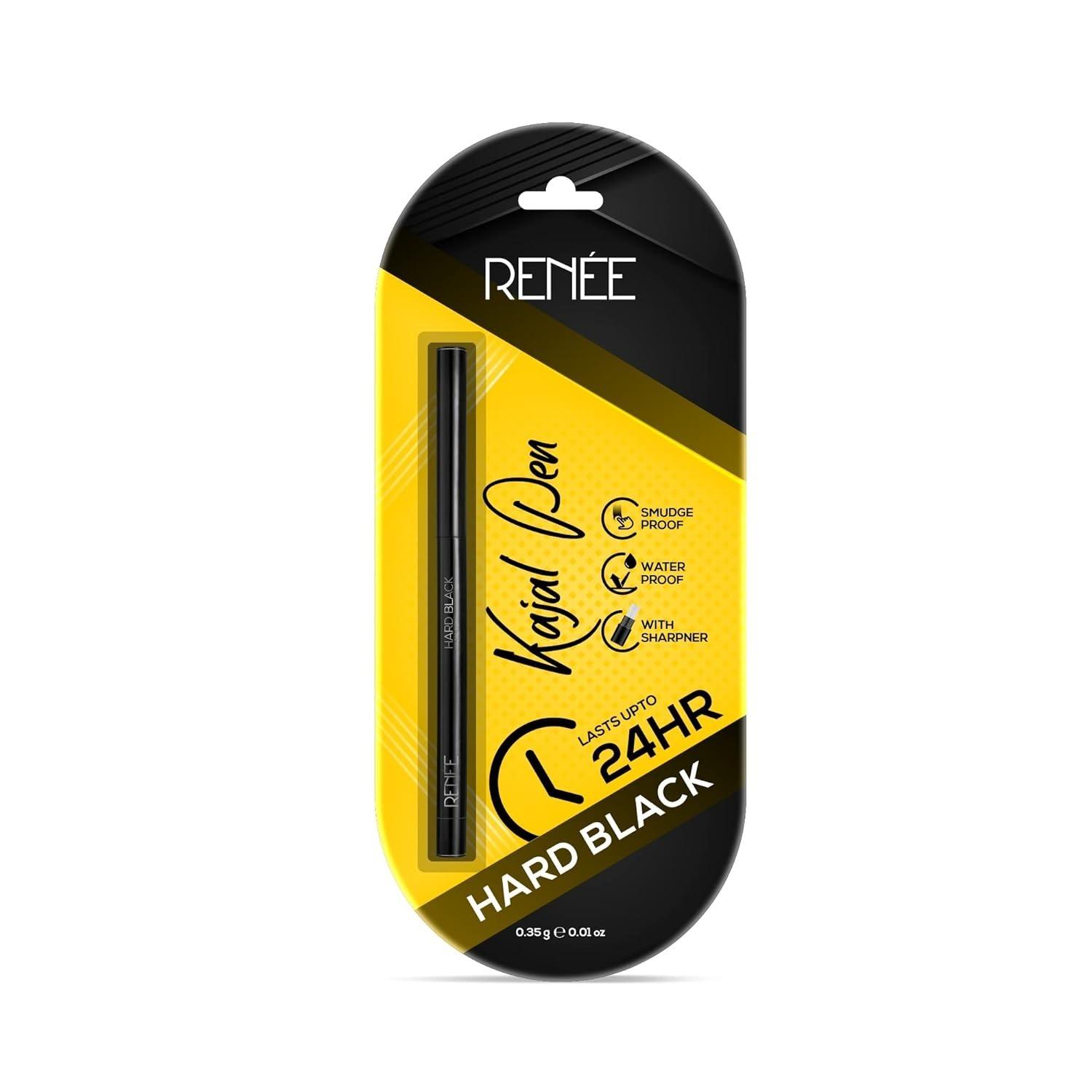 Renee Hard Black Kajal Pen With Sharpener | 24 Hrs Stay Long Lasting Super Black Kajal Pencil 0.35gm, Matte Finish, Rich Color Payoff, Smudge & Water Proof With One Swipe Application Formula