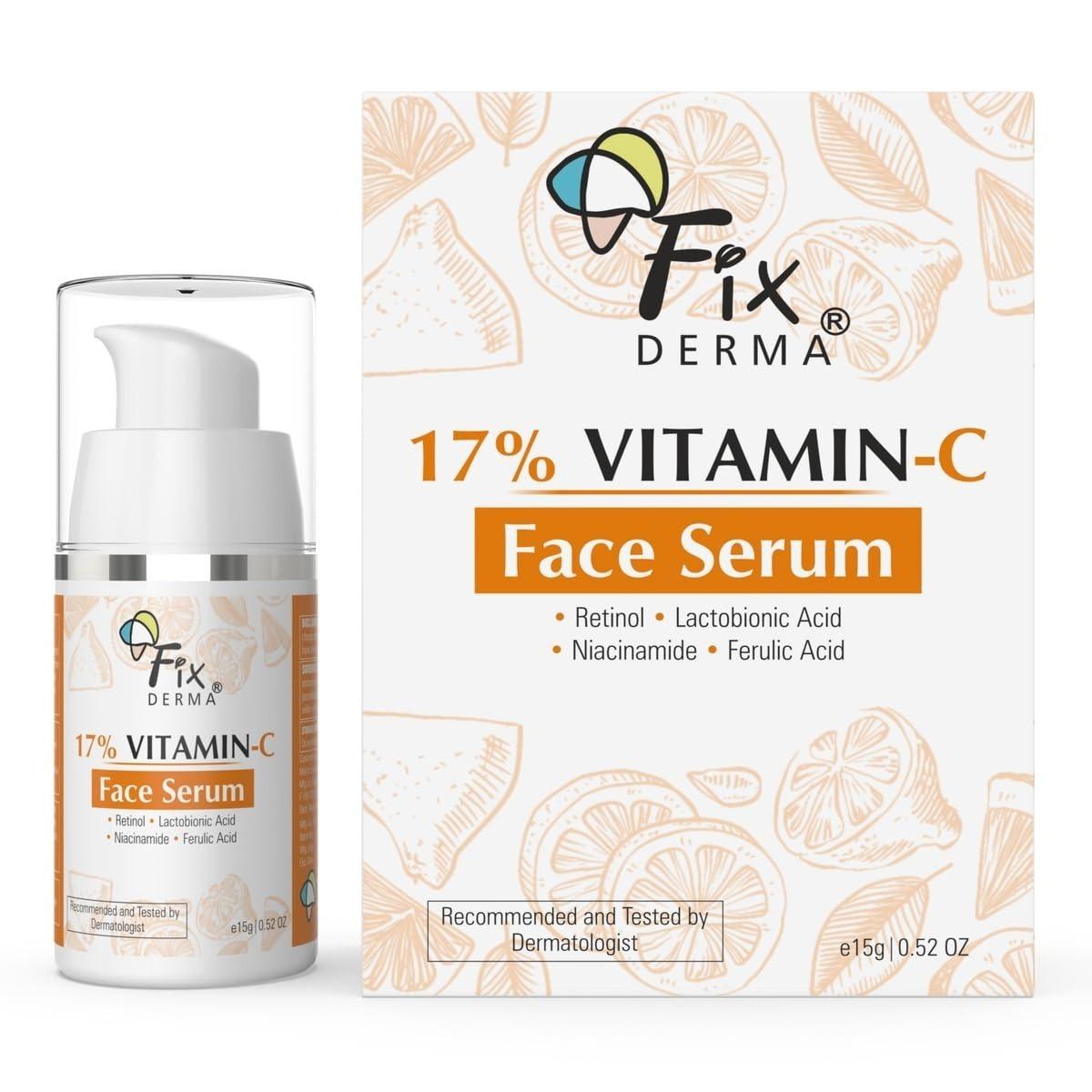 Fixderma 17% Vitamin C Face Serum For Glowing Skin | Retinol Face Serum | Skin Brightening Vit C Serum For Women And Men | Anti Aging Night Face Serum | Niacinamide Serum