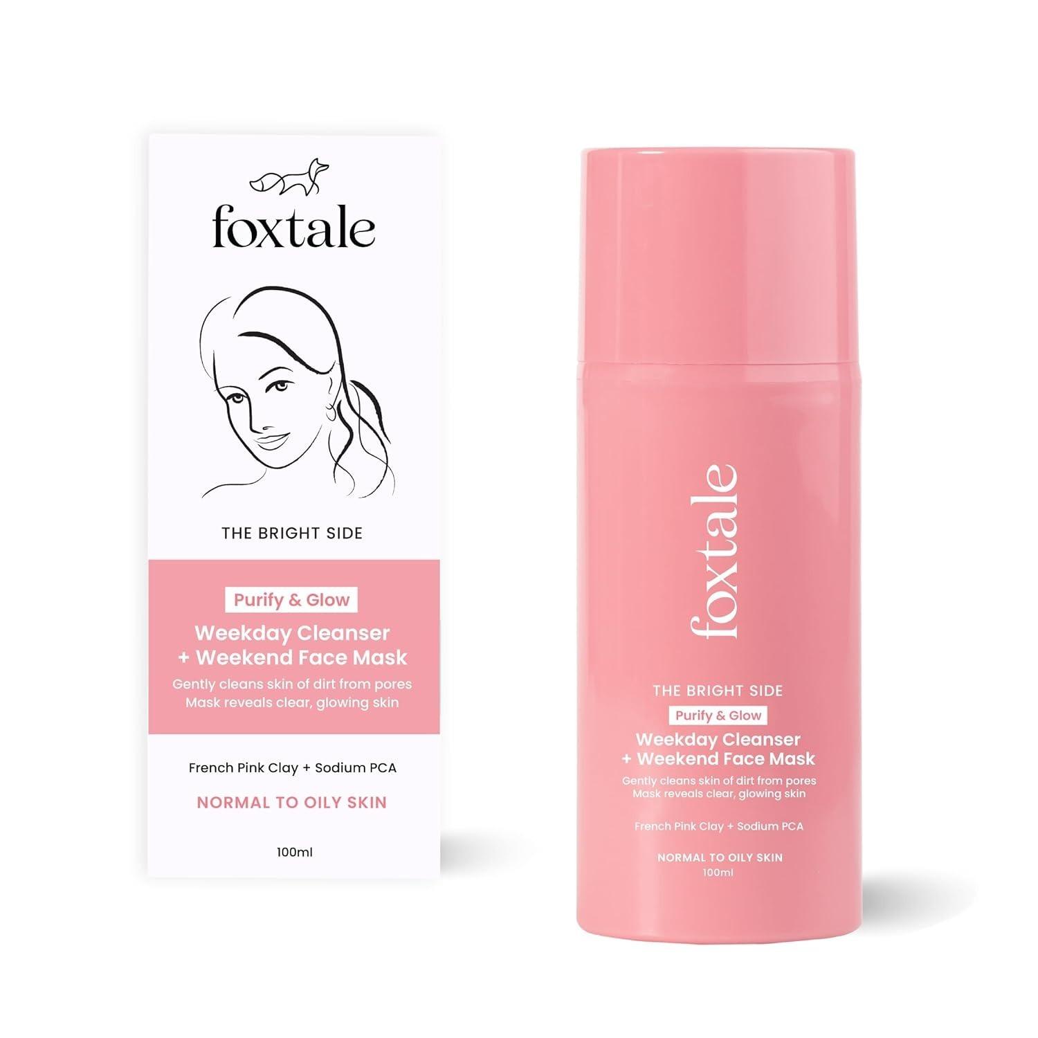 Foxtale Purify & Glow Cleanser + Clay Mask - Deep Cleanses Pores, Exfoliating Glow Facial, Instantly Gives Bright Skin, For Normal, Oily And Combination Skin, Men & Women - 100ml