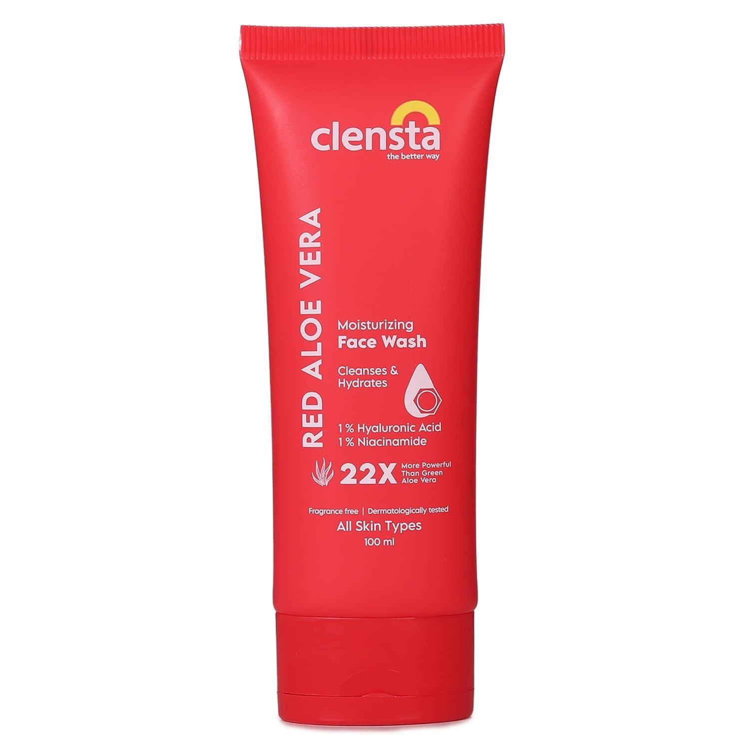 Clensta Red Aloe Vera Moisturizing Face Wash | Gentle Skin Cleanser With 0.1% Hyaluronic Acid & Aloe Vera Extract | For Daily Use | For Women & Men | Gentle Cleanser, Hydrating & Refreshing Face Wash | Suitable For Dry And Acne Prone Skin - 100ml
