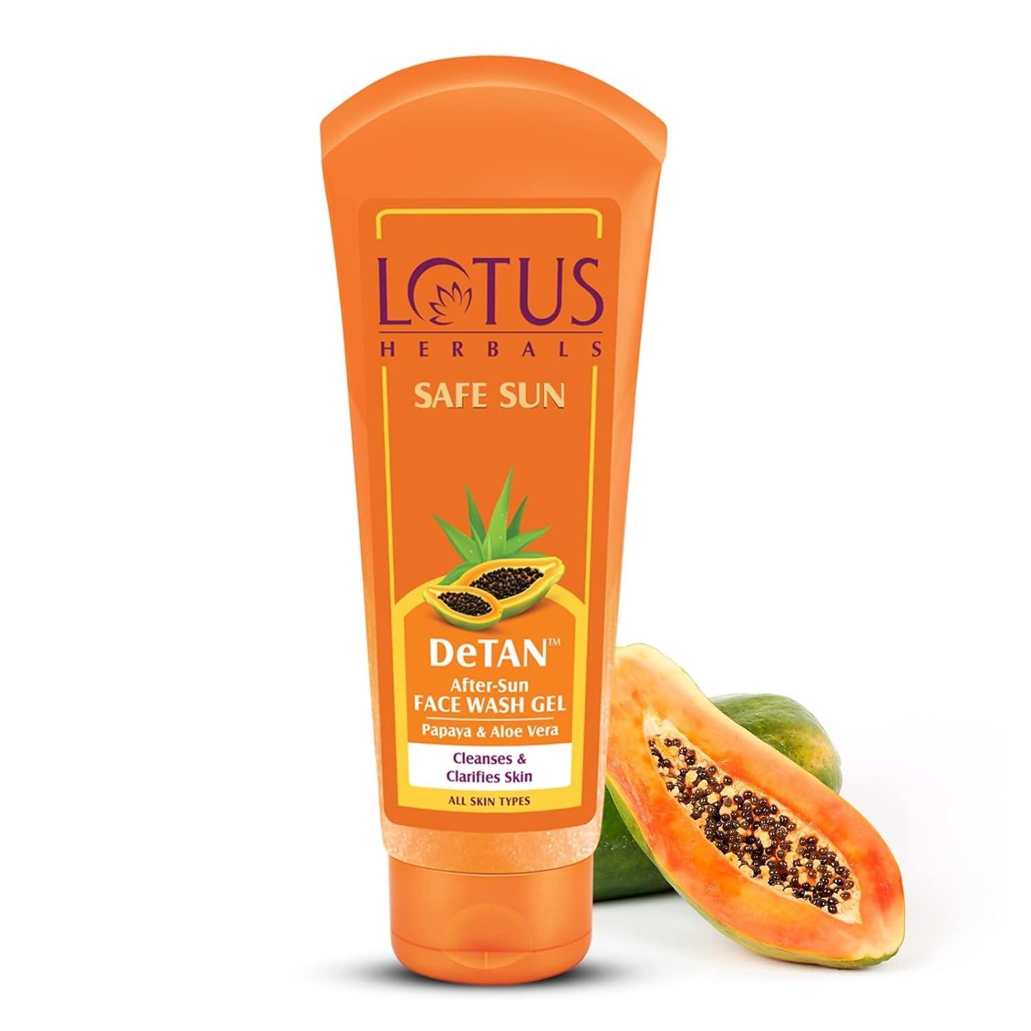 Lotus Herbals Safe Sun Detan After-Sun Face Wash Gel | Papaya & Aloe Vera | All Skin Types | 100g