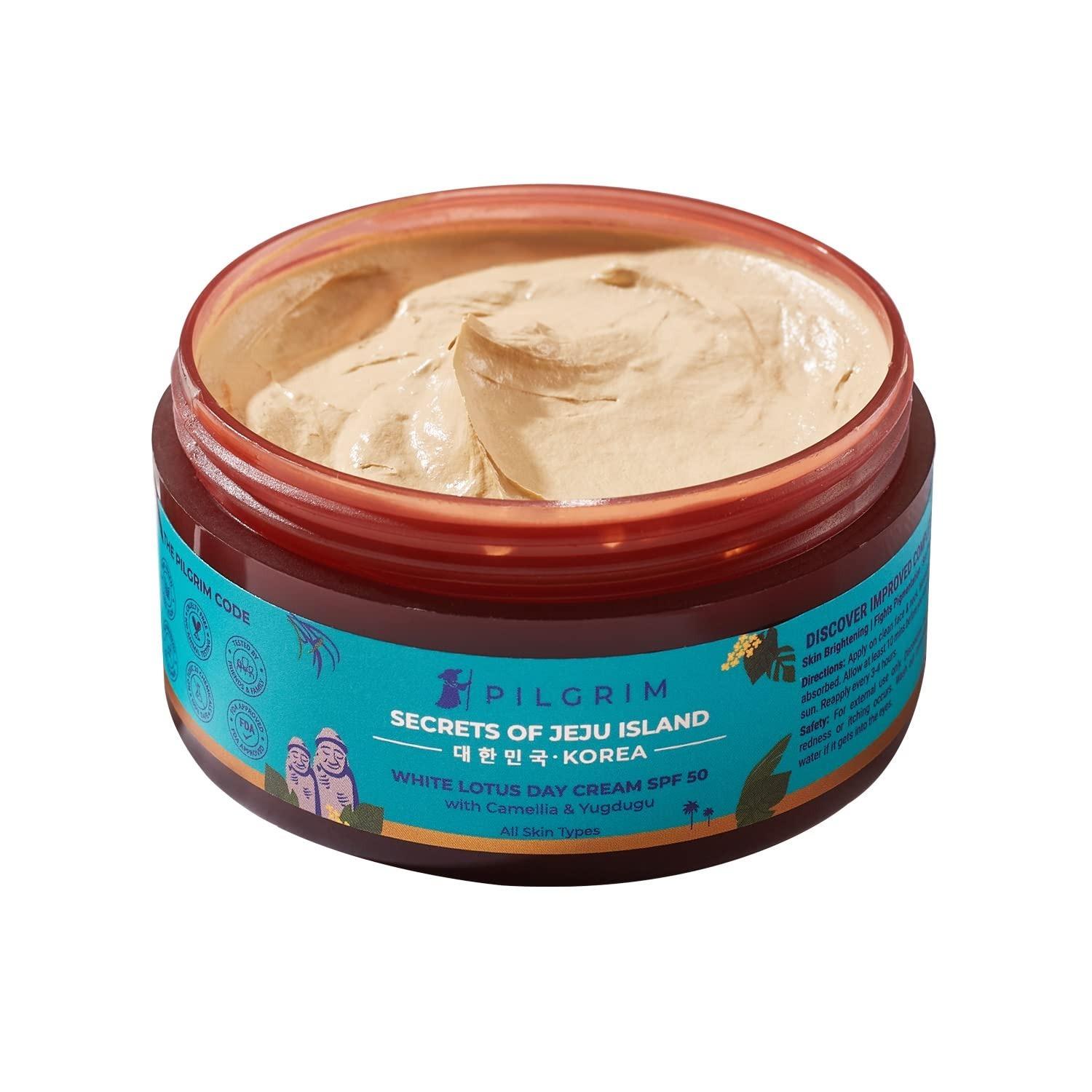 Pilgrim Korean White Lotus Face Cream With Spf 50 | White Lotus Day Cream For Women Daily Use | Face Cream For Dry Skin, Sensitive Skin & Oily Skin | Korean Skin Care | 100g