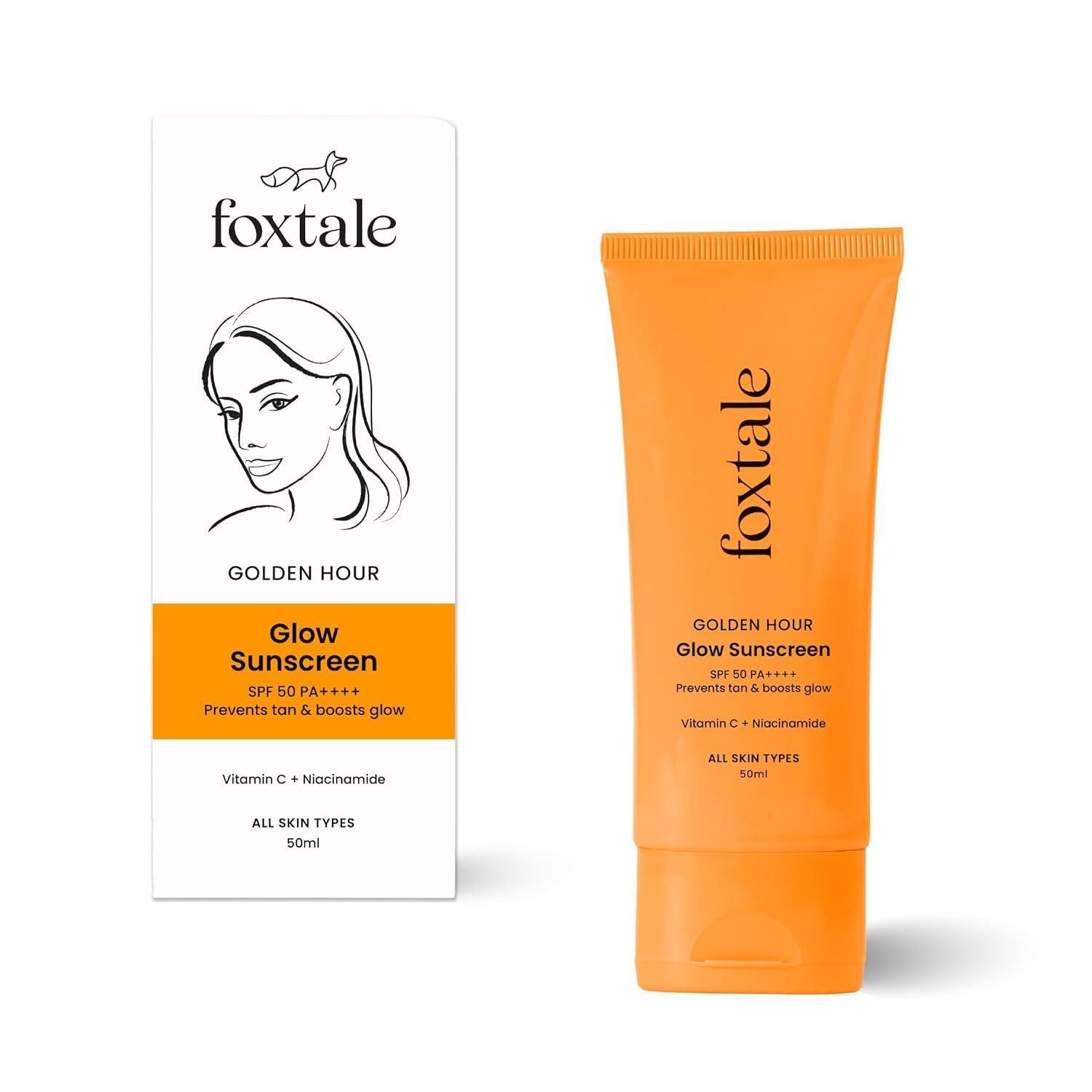 Foxtale Vitamin C & Niacinamide Glow Sunscreen Spf 50 Pa++++, Lightweight, Fast Absorbing, Uva And Uvb Filters, Prevents Tanning, No White Cast, Non-Greasy, For Men&women, All Skin Types - 50 Ml