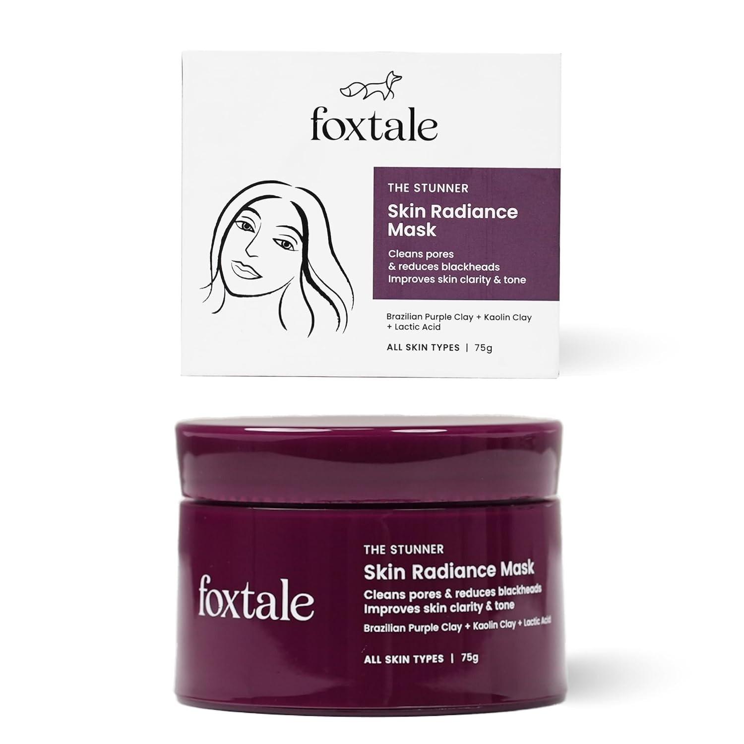 Foxtale De-Tan Face Pack, Clay Mask With Lactic Acid, Brazilian Purple Clay For Brightening, Cleans Pores, Removes Blackheads, Men & Women, All Skin Types, 75g