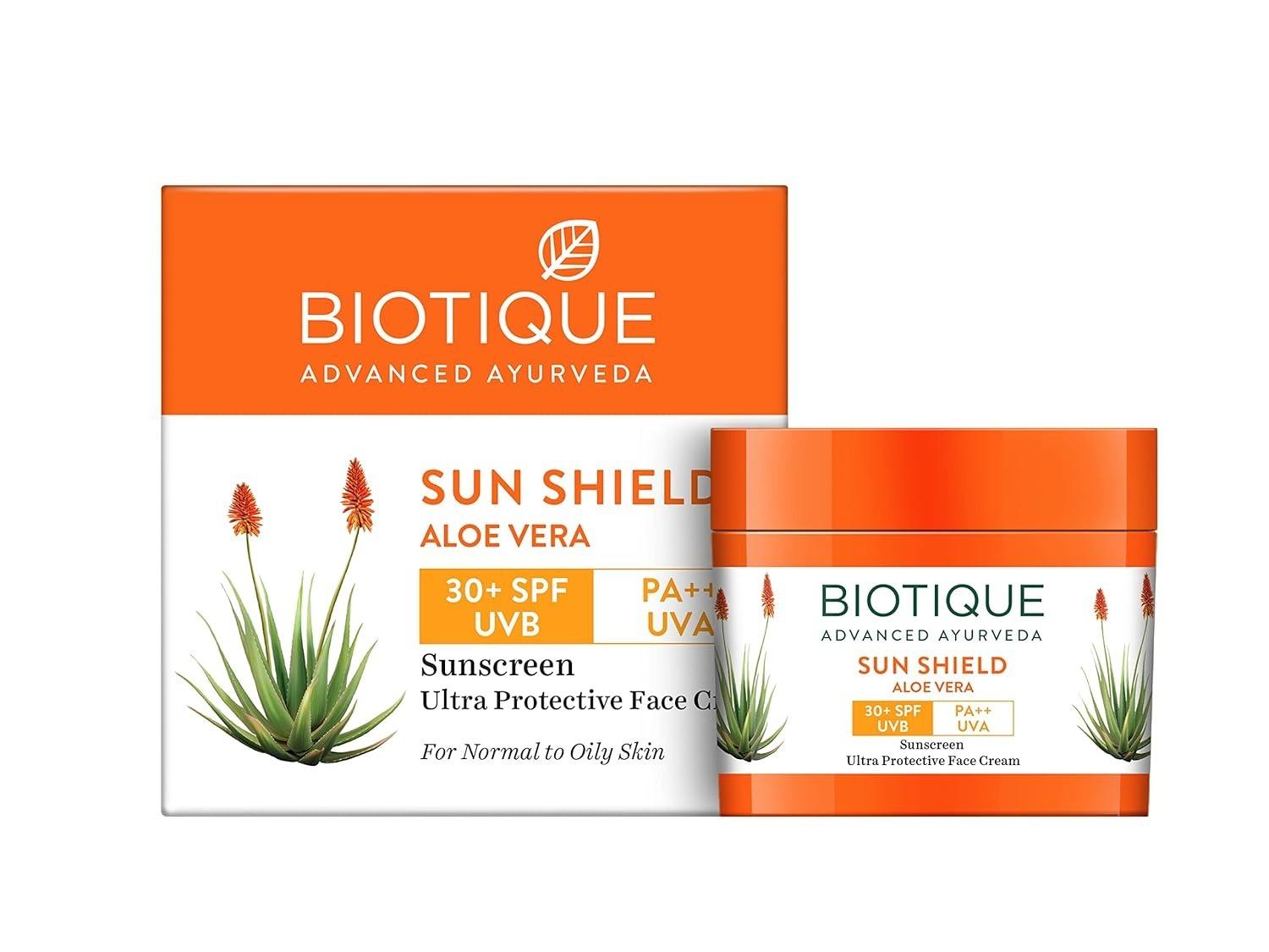 Biotique Sun Shield Aloe Vera 30+ Spf Uvb Sunscreen Ultra Protectective Face Cream For Normal Skin, 50g