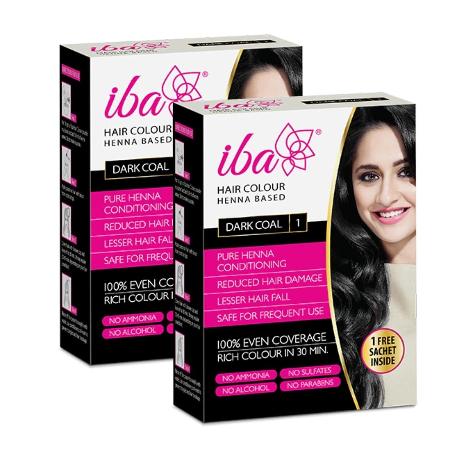 Iba Hair Colour For Women - Dark Coal, 70g (pack Of 2) | 100% Pure Henna Based Powder Sachet | Natural Hair Colour & Long Lasting With Conditioning Formula | Reduced Hair Fall & Hair Damage | Shine & Nourish Hair | Free From Ammonia And Other Harmful Chemicals | Herbal Hair Powder For Hair Colour | Black Henna