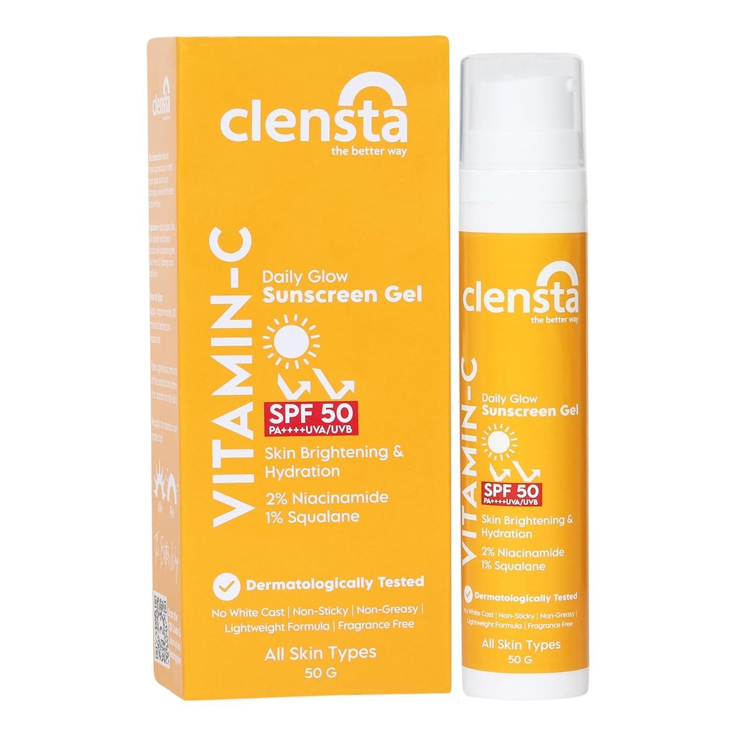 Clensta Daily Glow Sunscreen Gel Spf 50 Pa++++ With Vitamin C, Niacinamide And Squalane, Uva/Uvb Filters - No White Cast, Non-Greasy, Non-Sticky, Lightweight & Anti-Tan Formula With Fragrance Free | For Men & Women, 50 Gm