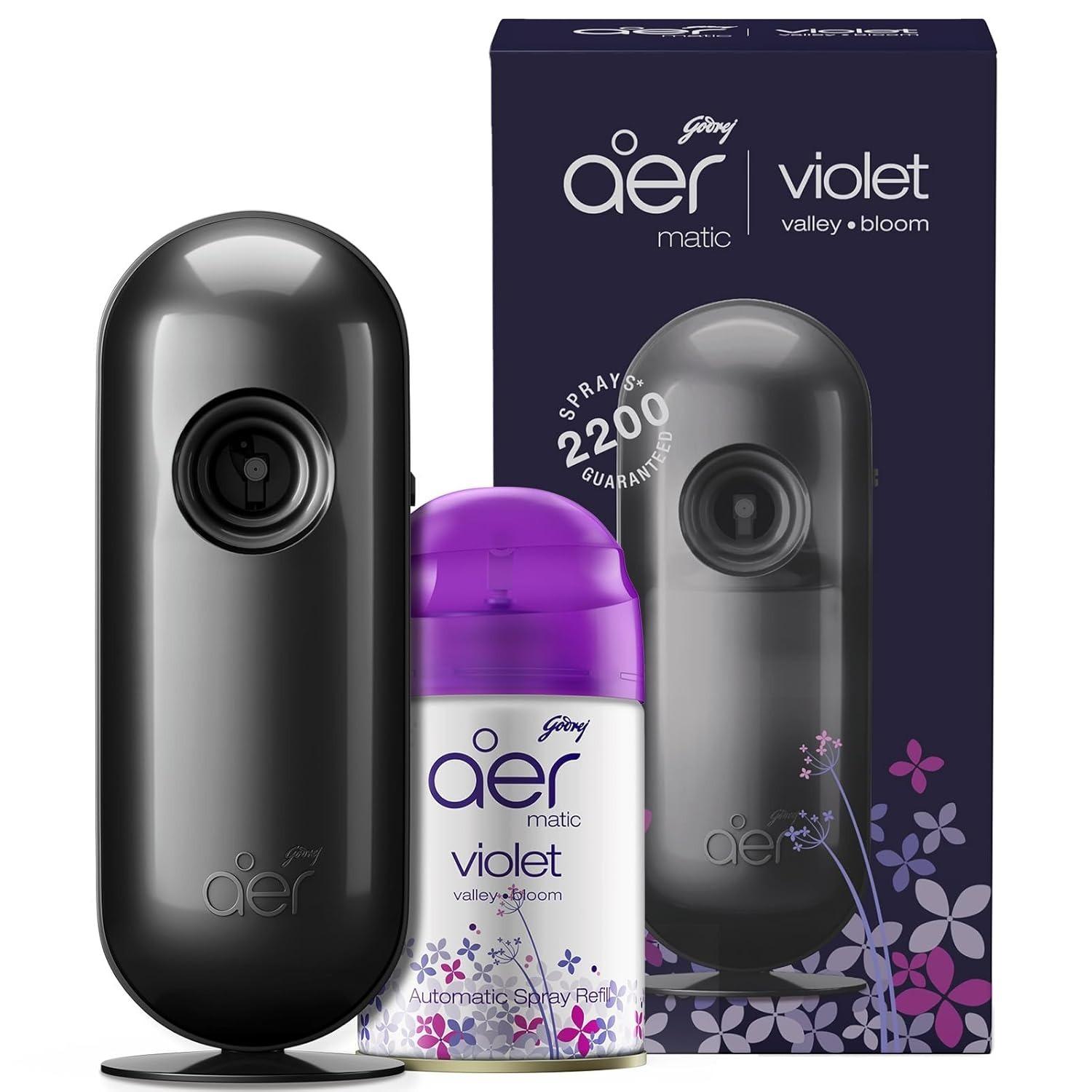 Godrej Aer Matic Kit (machine + 1 Refill) - Automatic Room Fresheners With Flexi Control Spray | Violet Valley Bloom | 2200 Sprays Guaranteed | Lasts Up To 60 Days (225ml)