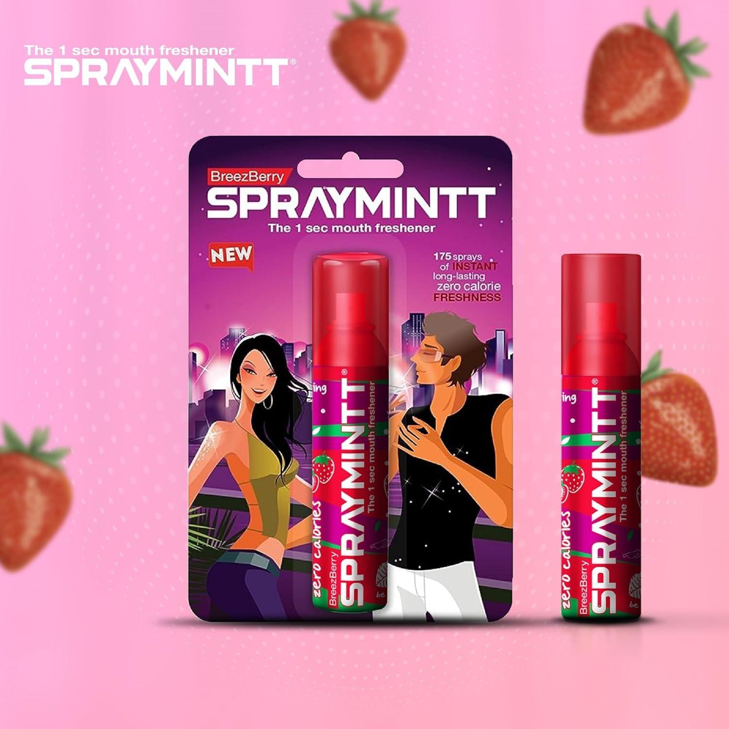 Spraymintt Mouth Freshener | 175+ Sprays Of Instant Long Lasting With Zero Calories Freshness | Brezeberry Flavour | 15g