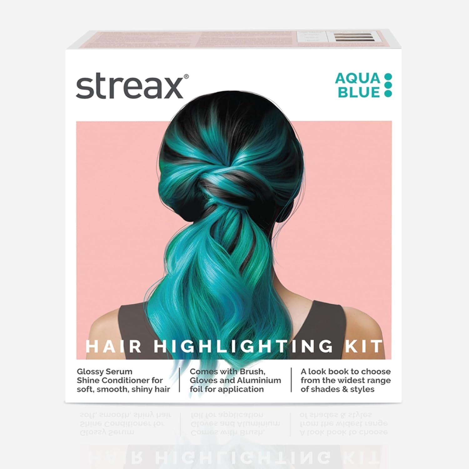 Streax Hair Colour Highlight Kit | Blue Hair Colour, Aqua Blue - Pack Of 1 I Enriched With Walnut & Argan Oil I Hair Colour For Women | Rich, Vibrant, Easy To Use, Diy Application