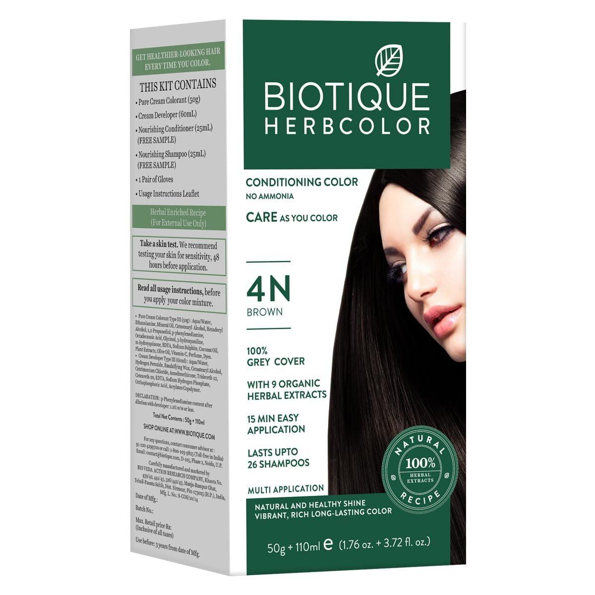 Biotique Herbcolor Conditioning Hair Colour L Ammonia Free Hair Color L 50g + 110ml| Brown 4n