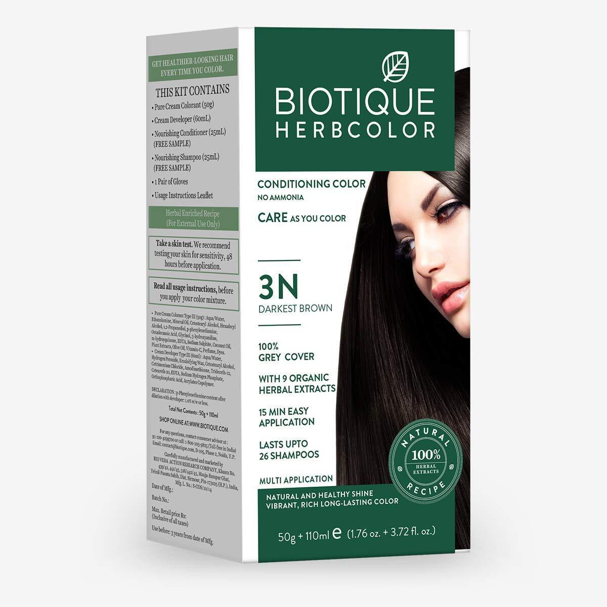 Biotique Herbcolor Conditioning Hair Colour L Ammonia Free Hair Color L 9 Organic Herbal Extracts L Natural And Healthy Shine L 50g + 110ml| Darkest Brown 3n