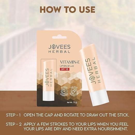 Jovees Herbal Vitamin E Lip Balm With Spf 15 | 24 Hour Hydration Gives Soft And Supple Lips 5g