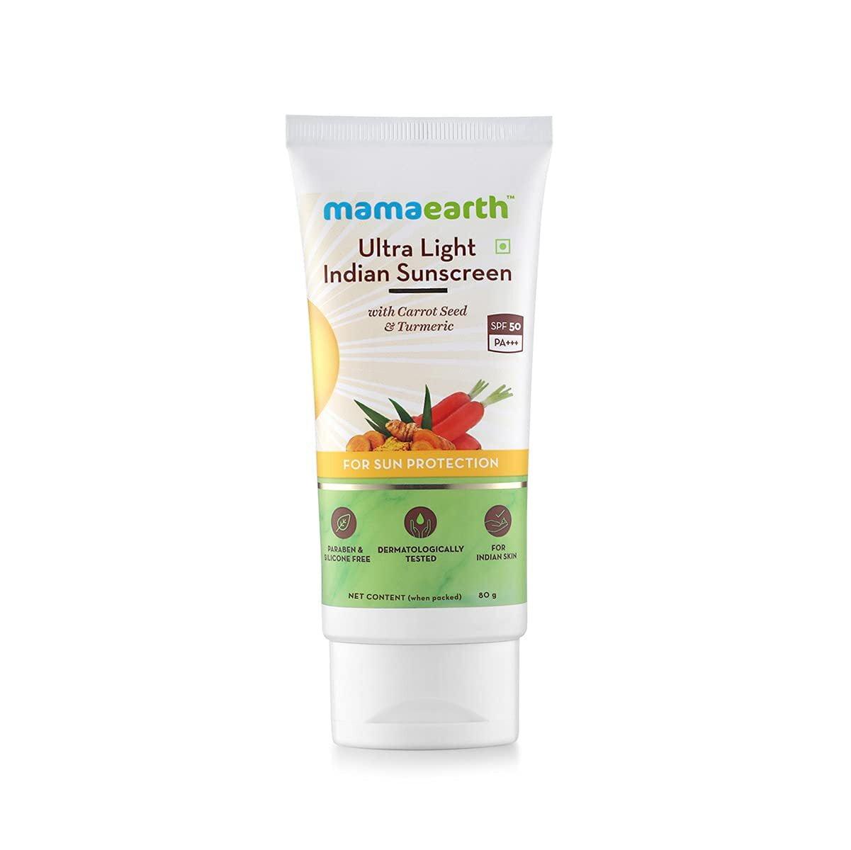 Mamaearth's Ultra Light Indian Sunscreen With Carrot Seed, Turmeric And Spf 50 Pa+++ - 80ml