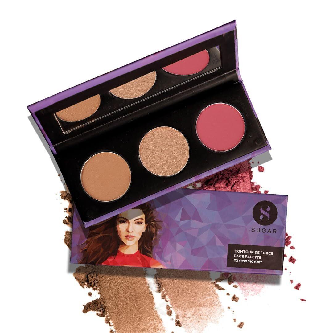 Sugar Cosmetics - Contour De Force - Face Palette With Lightweight Blush, Highlighter And Bronzer - 02 Vivid Victory - Long Lasting Contour Blush Palette